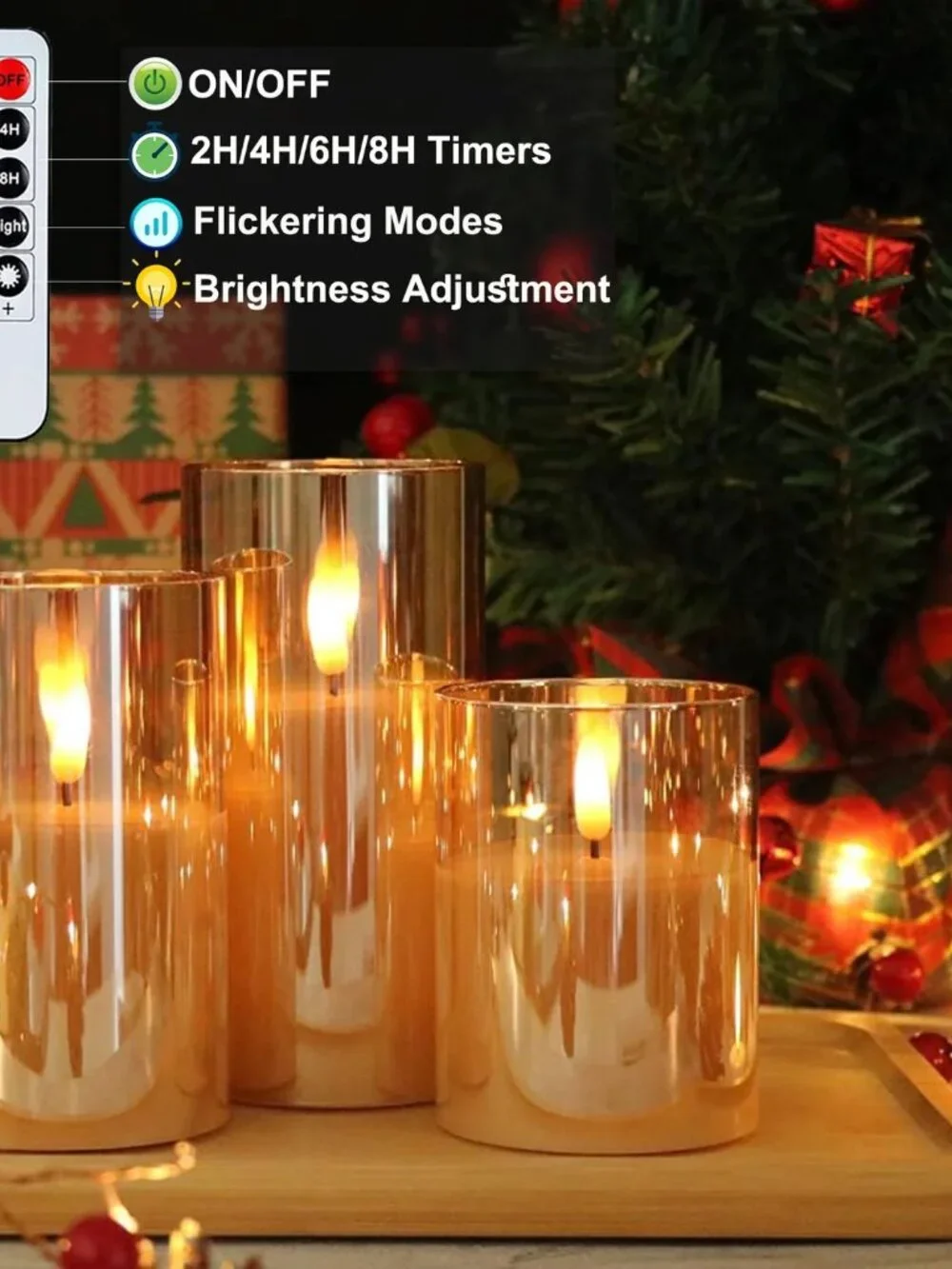Rachel Zoe Set of 3 Gold Glass Flameless LED Candles Remote Control Timer NEW